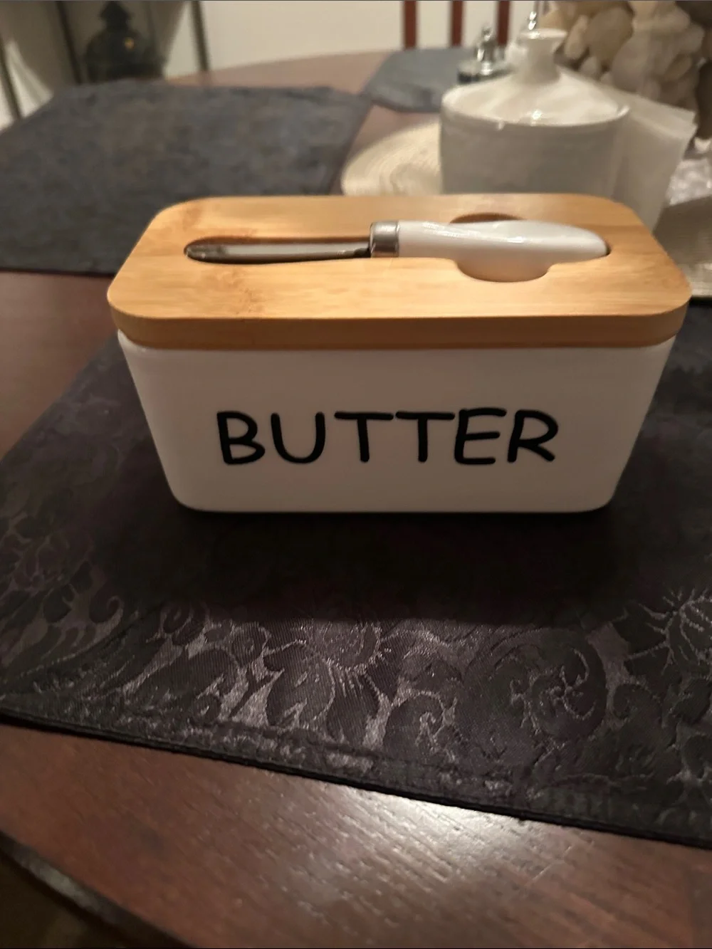 White Ceramic Butter Dish with Bamboo Lid and Spreader